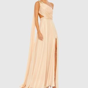 NWT Mac Duggal 68053 Float One Shoulder Open Back Flowy Gown Gold Nude Size 6